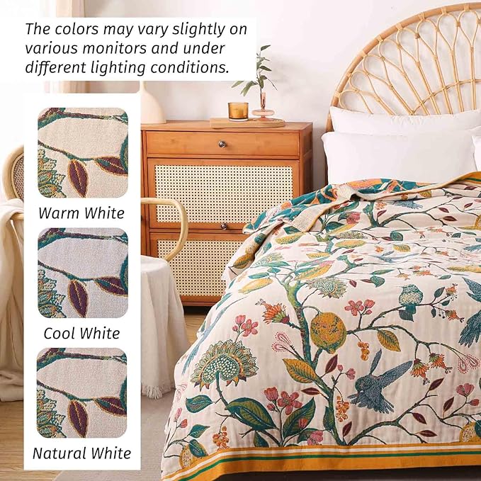 Qidordour Boho Throw Blanket, 60"x80" Muslin Blankets, 100% Organic Cotton Blanket for Couch Sofa, Lightweight Quilt, All Season Bed Throw, Farmhouse Home Decor, B-Hummingbird Fruit