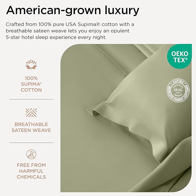 Threadmill American Supima King Size Sheets Set | 656 Thread Count 4 Piece Luxury Bed Sheets for King Size Mattress | 5 Star Hotel Quality Sheets with Elasticized Extra Deep Pocket | Sage Green Sheets