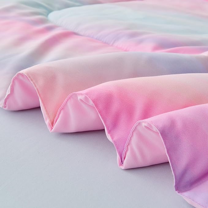 Wajade Girls Pink Comforter Set Bed in A Bag Twin Size 7 Piece 3D Colorful Tie Dye Pink Rainbow Bedding Set for Teens Girls (1 Comforter, 1 Flat Sheet, 1 Fitted Sheet, 2 Pillowcase and 2 Pillow Sham)