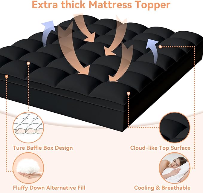 Topllen King Mattress Topper for Back Pain Relief, Extra Thick Pillow Top Plush Mattress Pad with Deep Pocket, Soft Pillowtop King Size Bed Toppers Filled Fluffy Down Alternative, Black