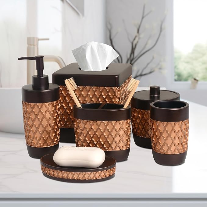 Decozen Bathroom Accessories Set 6Pcs – Soap Dispenser, Toothbrush Holder, Tumbler, Soap Dish & Cotton Swab Jar – Modern Bathroom Decor, Bath Set for Christmas Decor, Wally