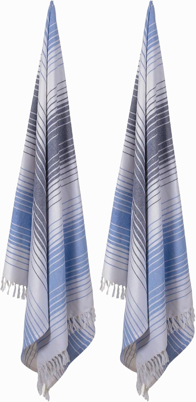 Native Fab 100% Cotton Peshtemal Turkish Bath and Beach Towels Set of 2, Large 40x71 Travel Sarong Gym Pool Spa Towels, Ultra Soft Quick Dry Absorbent Fouta Hammam Peshtemal Towels Navy Blue