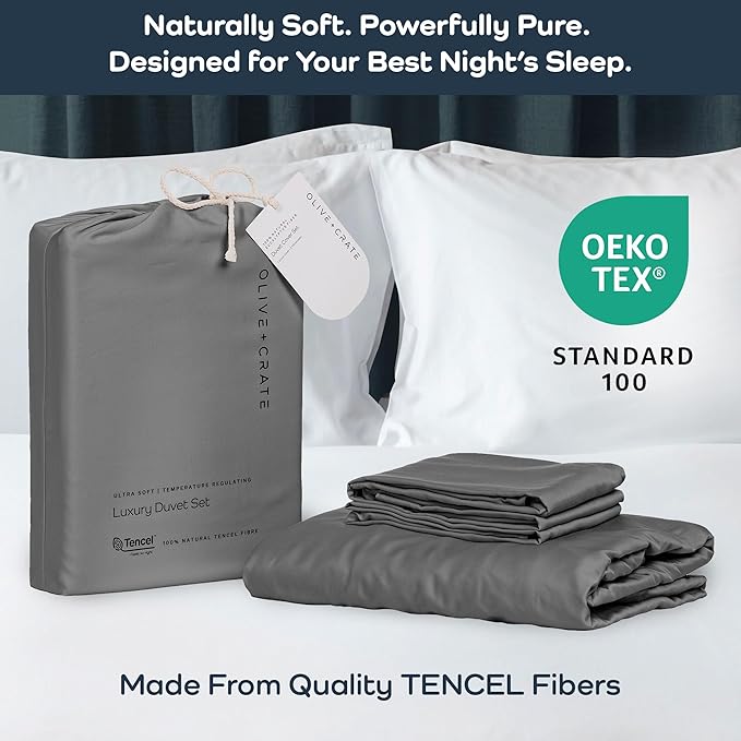 Olive + Crate Tencel Eucalyptus Cooling Duvet Cover Set - Hypoallergenic, Lyocell Tencel Duvet Cover - Soft, Temperature Regulating with Hidden Button Closure & Corner Ties - Queen Size [Stone Gray]