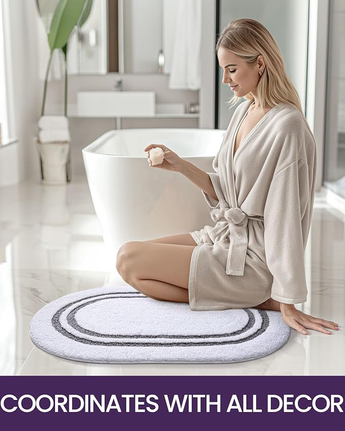 DEXI Oval Bath Mats for Bathroom, 24x43 Absorbent Bath Mat, Washable Microfiber Bathroom Rug with Non Slip Backing for Shower Floor, Dark Grey