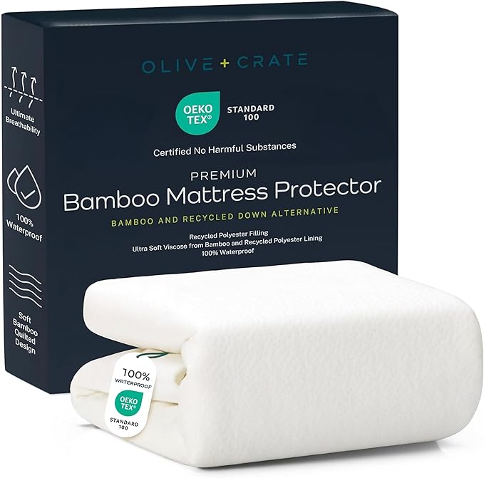 Olive + Crate 100% Viscose Bamboo Mattress Protector - Eco-Concious Cooling Mattress Cover - Waterproof Hypoallergenic Protection - Breathable Queen Size Shield Against Dust & Spills