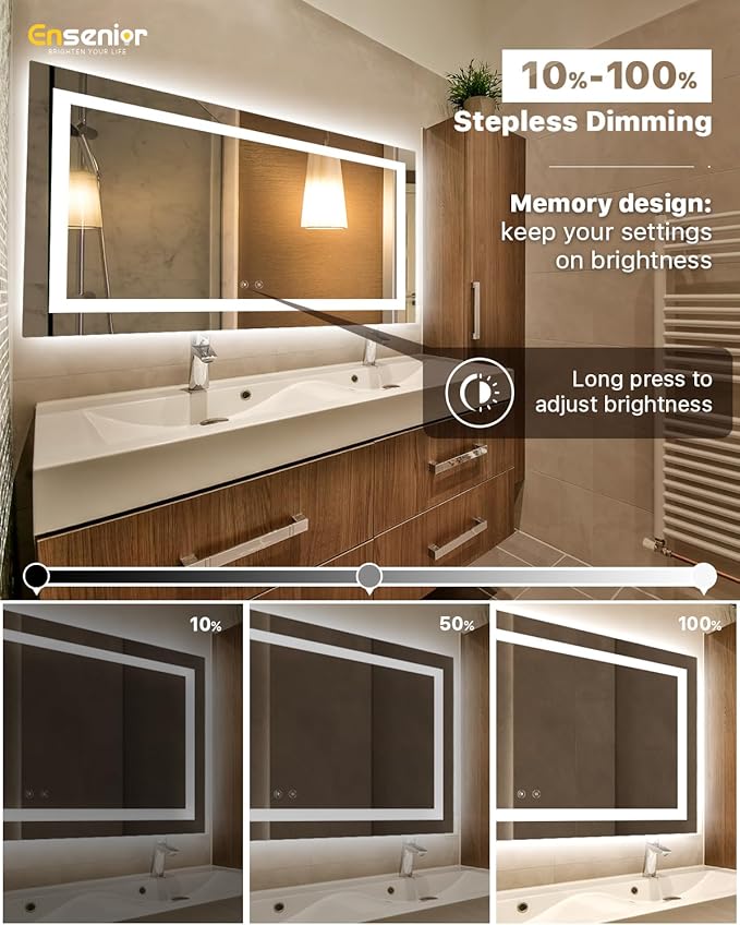 Ensenior LED Bathroom Mirror 72"x36" with Front and Backlight, Stepless Dimmable Wall Mirrors with Anti-Fog, Shatter-Proof, Memory, 3 Colors, Modern LED Vanity Mirror-ETL & FCC