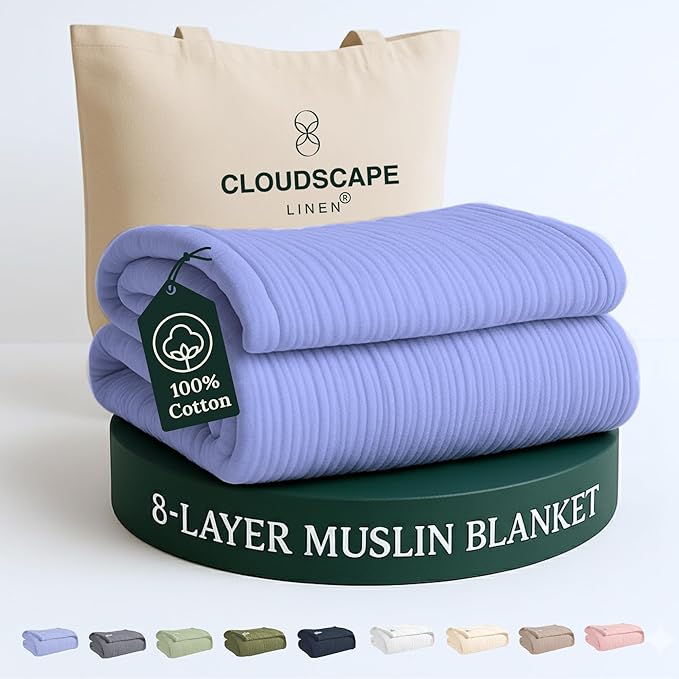Cloud Scape Linen 8-Layer Muslin Blanket King Size for Adult - 100% Cotton, Breathable and Soft, Perfect Winter Cozy Blanket, Fits up to California King Bed, 92x108, Lavender Blue