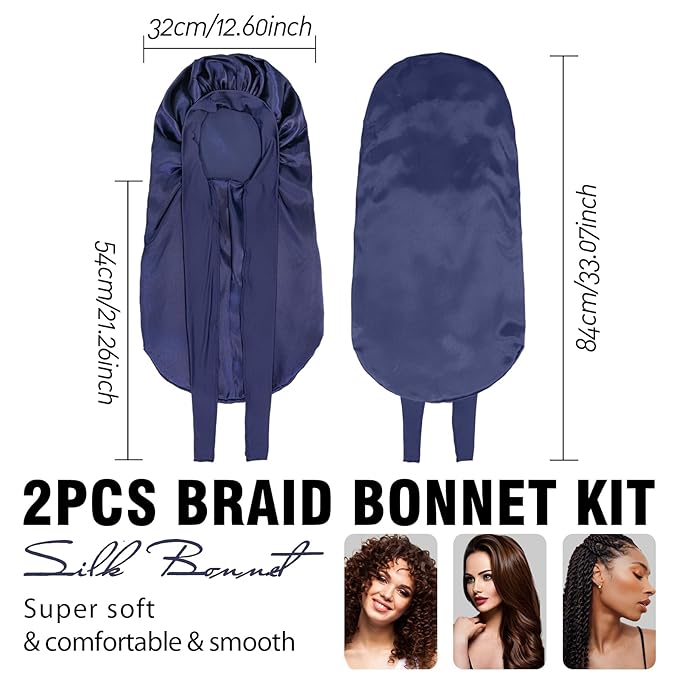 2Pcs Bonnets for Women Sleeping Braid Bonnet, Large Long Satin Silk Bonnet for Braids, Black Women Braid Bonnets with Stretchy Tie Band for Sleeping Extra Long (Brown & Dark Blue) Purple