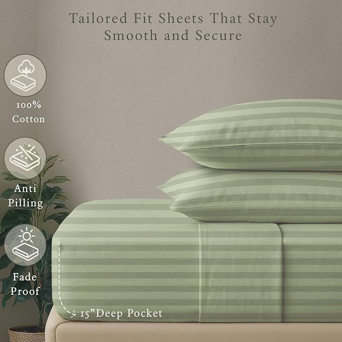 Threadmill 500 Thread Count Twin-XL Size Damask Stripe, 3 Pc Luxury Cotton Sheet Set, Breathable Sage Green Sheets with 15" Elasticized Deep Pocket, 1 Pillowcase & Free Tote Bag