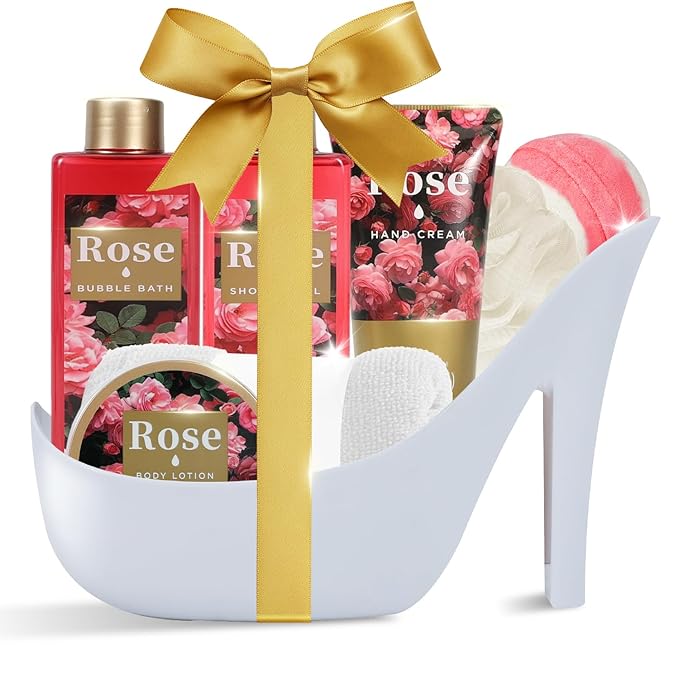 Romantic Rose Christmas Gifts for Women Spa Gift Basket, Bath Set with Bath Bombs & Body Lotion, Anniversary Valentine's Day Gifts for Her, Wife, Girlfriend