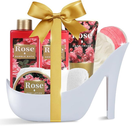Romantic Rose Christmas Gifts for Women Spa Gift Basket, Bath Set with Bath Bombs & Body Lotion, Anniversary Valentine's Day Gifts for Her, Wife, Girlfriend