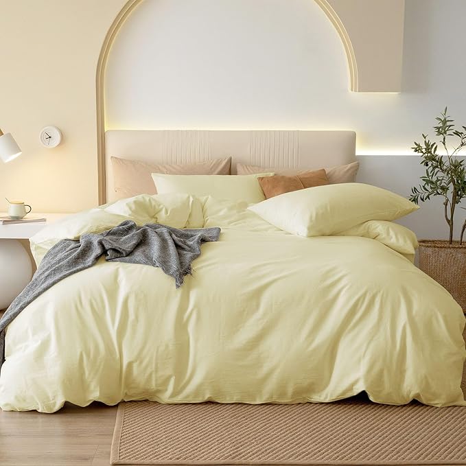 JIYUAN 100% Washed Cotton Duvet Cover Set 3 Pieces King, 1 Duvet Cover 104x90 Inches(Comforter Not Included) and 2 Pillowcases,Linen Feel Bedding Set Comfy and Breathable,Light Yellow