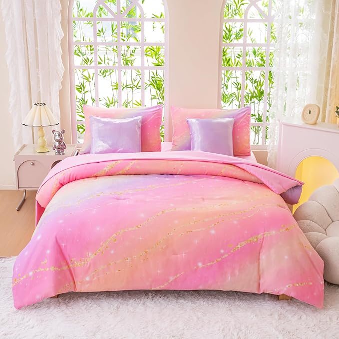 Rainbow Bedding Set Queen Size – 6-Piece Reversible Girls Comforter with Deep-Pocket Sheet, Gradient Galaxy Design, Whole-Piece Filling, Machine Washable Bed-in-a-Bag for Kids Room Makeover & Gifts