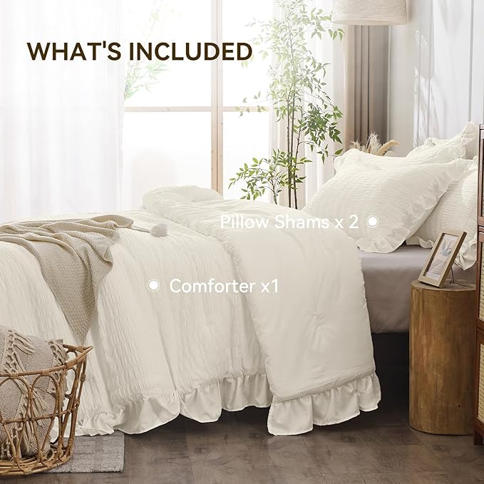JOLLYVOGUE Ivory King Comforter Set, 3 Pieces Seersucker Comforters King Size, Lightweight & Fluffy Bedding Sets King for All Season with 1 Ruffle Comforter and 2 Ruffle Pillowshams
