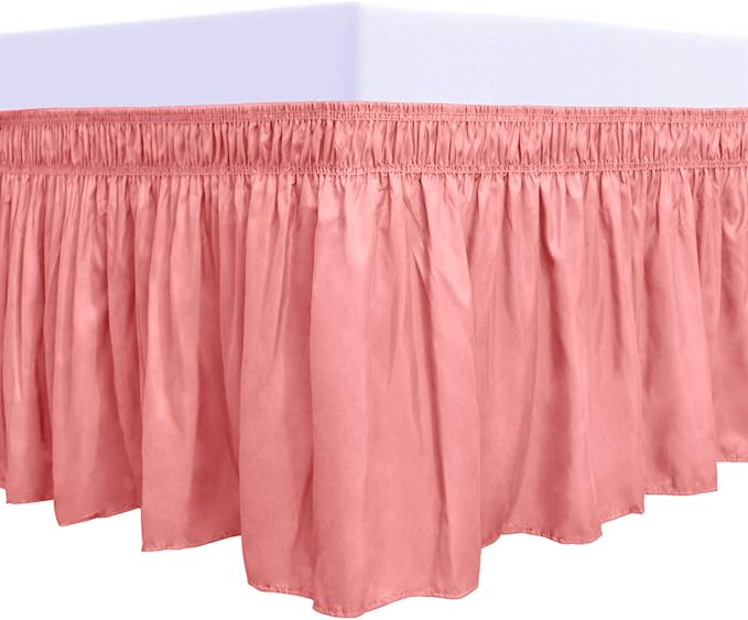 PureFit Wrap Around Ruffled Bed Skirt with Adjustable Elastic Belt - 18 Inch Drop Easy to Put On, Wrinkle Free Bedskirt Dust Ruffles, Bed Frame Cover for Twin,Twin XL and Full Size Beds, Pink