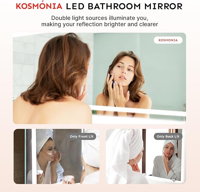 36x60'' LED Bathroom Mirror with Light, Frameless, Dimmable Front & Backlit, Anti-Fog, Distortion Free, Light Memory, Tempered and Shatter-Proof Wall Mounted Vanity Silver Coating Mirror