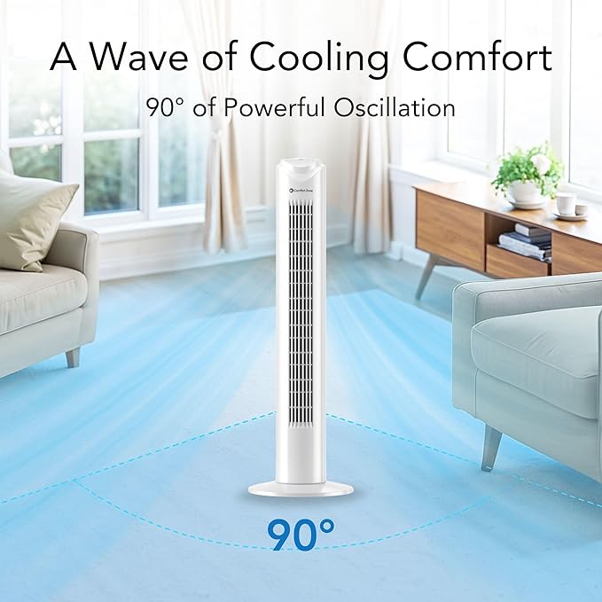 Comfort Zone Tower Fan for Bedroom, 32 inch, 3 Speeds, 90 Oscillation, Bladeless Indoor Fan, Built in Carry Handle, Portable Stand Fan, White
