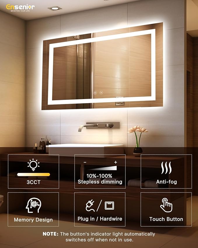 Ensenior LED Bathroom Mirror 60"x 36" with Front and Backlight, Stepless Dimmable Wall Mirrors with Anti-Fog, Shatter-Proof, Memory, 3 Colors, Modern LED Vanity Mirror-ETL & FCC