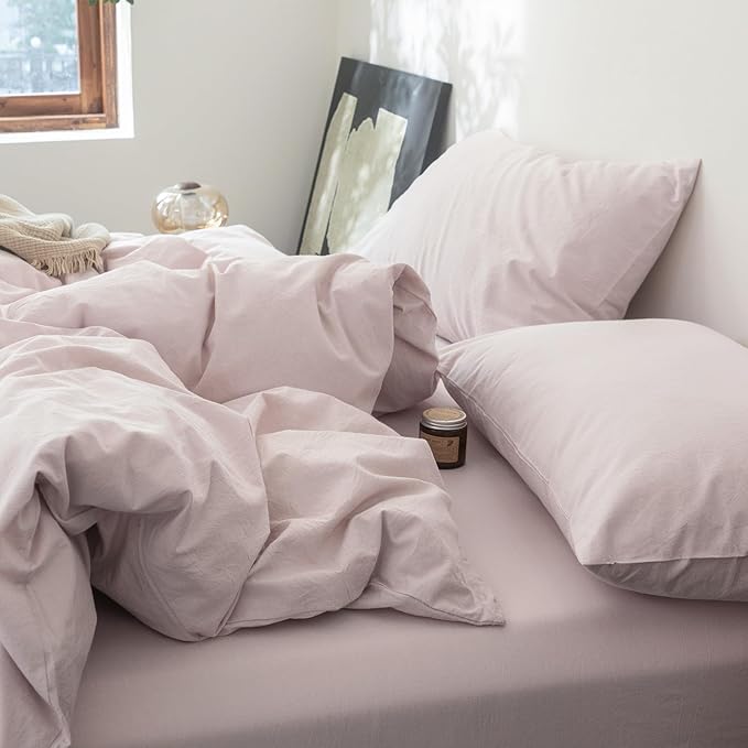 FOSSA Duvet Cover Set 100% Washed Cotton Linen Feel Super Soft Breathable Cozy 3 Pieces Bedding Sets Solid Greyish Pink Super King Plus