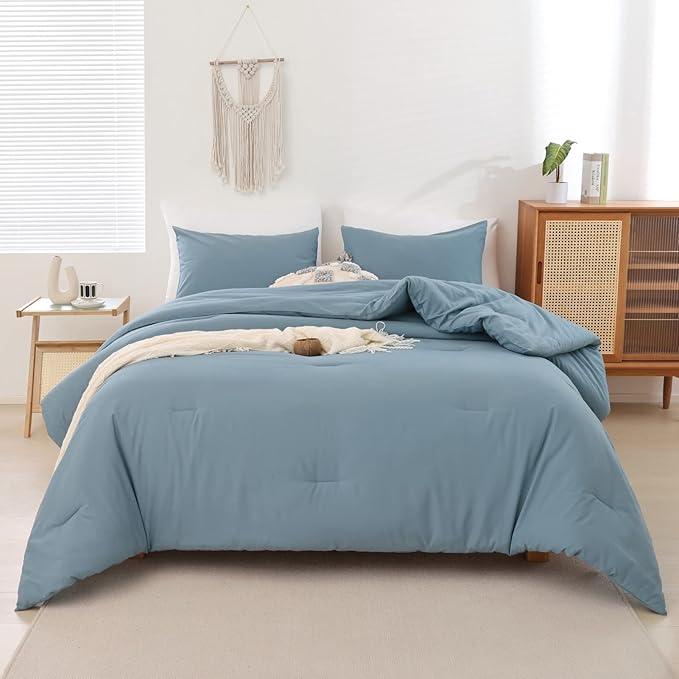 ROSGONIA California King Comforter Set Dusty Blue, 3pcs (1 Boho Cal King Comforter & 2 Pillowcases), All Season Bedding Bedspread Blanket Quilt