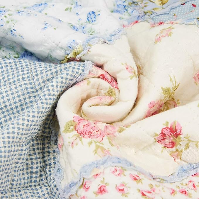 Cozyholy Original 100% Cotton Patchwork Quilt Twin Size Blue Floral Bedspread Coverlet Reversible Vintage Shabby Chic Quilted Throw Blanket Bed Quilt Cover for Couch Sofa