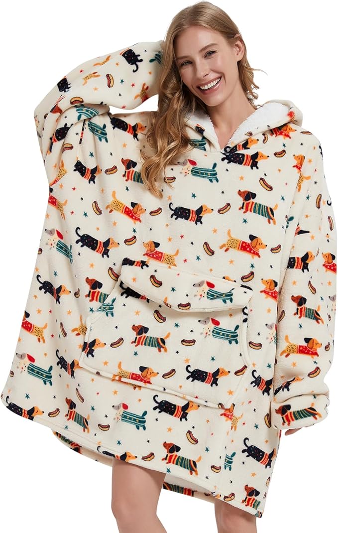 Wearable Blanket Hoodie for Adult,Oversized Sherpa Fleece Blanket Hoodie for Women Men,Dachshund