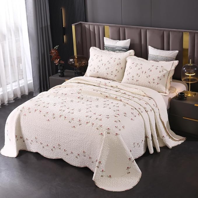 Quilt Set Floral Leaves 3D Embroidery Pattern 2 PCS Cotton Reversible Quilted Embroidered Decorative Bedspreads Coverlet Set, Lightweight &Soft Queen Size Beige Bedding Coverlet for All Season
