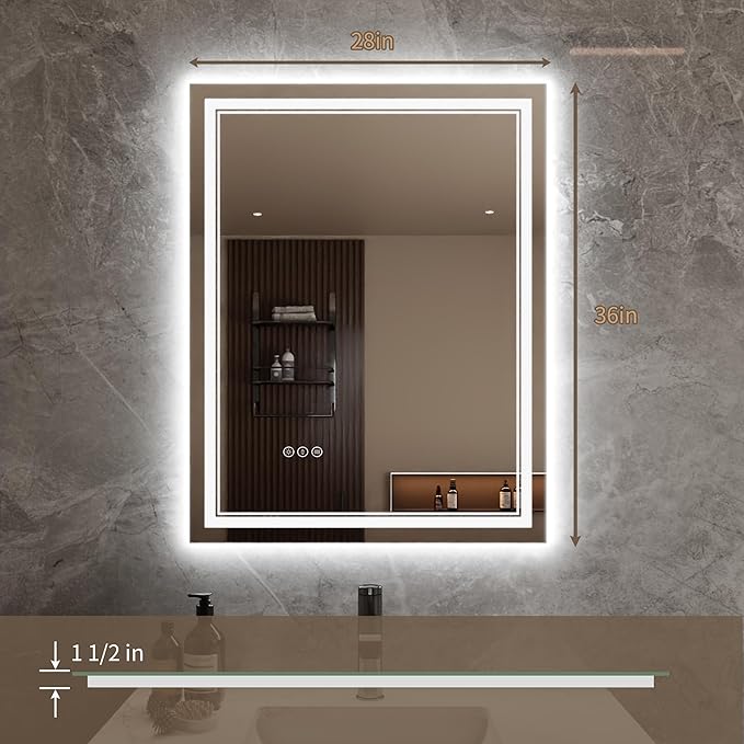 Bathroom Mirror with Lights 28"X36" with Front Light and Backlit, Tempered Glass, Wall Mount Horizontal/Vertical, Stepless Dimmable, 3 Colors, Anti Fog, Bathroom Memory LED Mirror