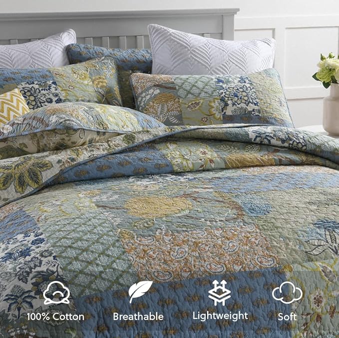 Cotton Bedspread Quilt Bedding Sets 3 Pieces Reversible Coverlet Sets Comforters Rustic Paisley Floral Patchwork Sage Green Bedspread, King Size