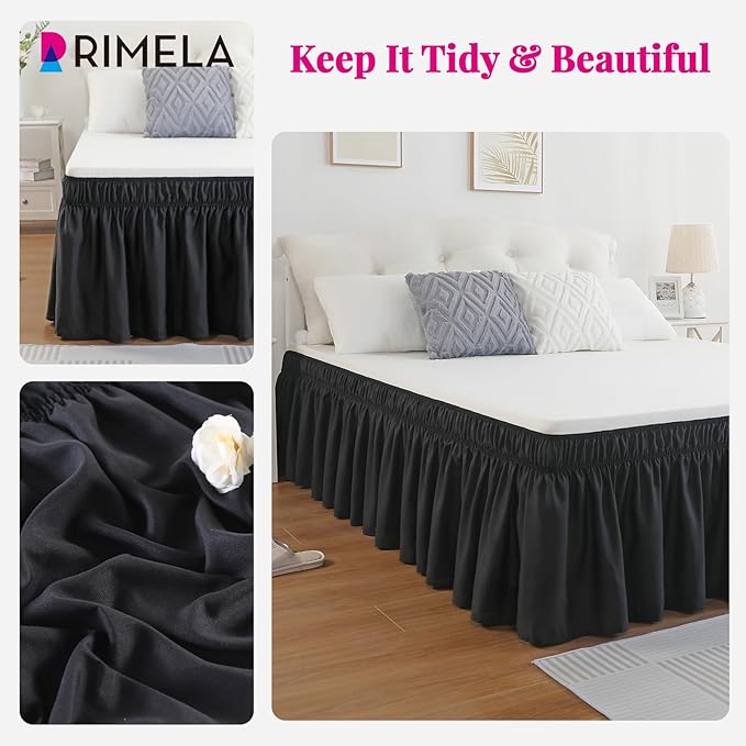 RIMELA Black Bed Skirt King Size 15 Inch Drop, Elastic Bed Skirting for Bed Base and Frame, Bedding Dust Ruffle Easy to Install, Lightweight Wrap Around Adjustable Bedskirt