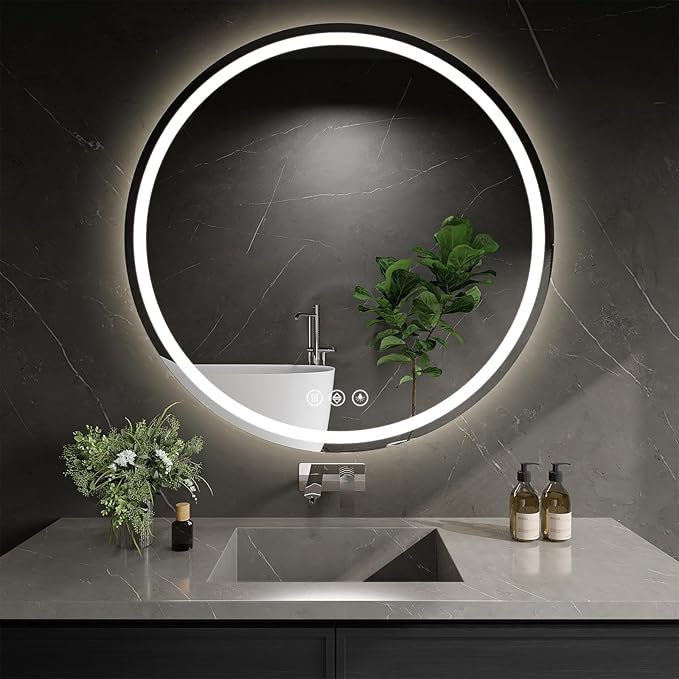 LED Bathroom Mirror 30 Inch Round Bathroom Mirror with Lights, Circle LED Mirror, Wall Mounted Lighted Bathroom with 3 Colors Brightness, Anti-Fog, Dimmable, Shatter-Proof