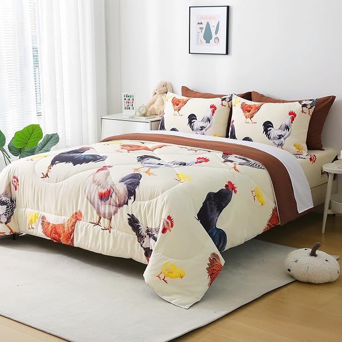 Wajade Chicken Comforter Set 7 Pcs Animal Theme Bedding Set Full Size for Kids Adults Chicken Quilt Farm Theme Printed Pattern for Thanksgiving Birthday