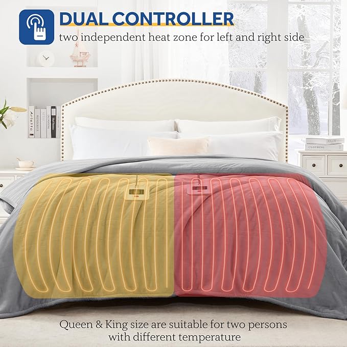 Sealy Electric Blanket Queen Size, Flannel Heated Blanket with 10 Heating Levels & 1-12 Hours Auto Shut Off, Machine Washable, Light Grey, 84 x 90 Inch