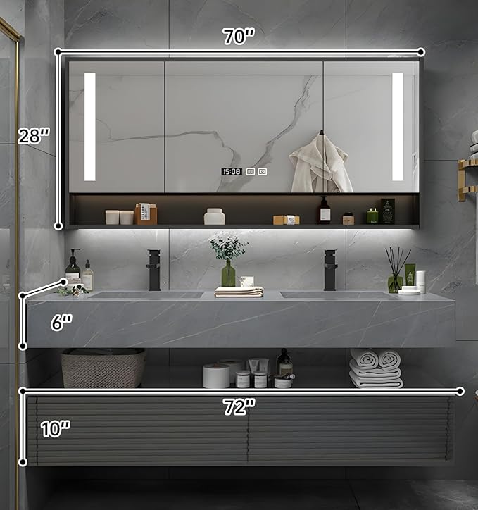 72IN Bathroom Vanity with Double Sink, Modern Bathroom Vanity with LED Smart Defogging Mirror Cabinet and Open Shelf, Floating Bathroom Cabinet with Striped Double Drawers, Oak Material (Grey)