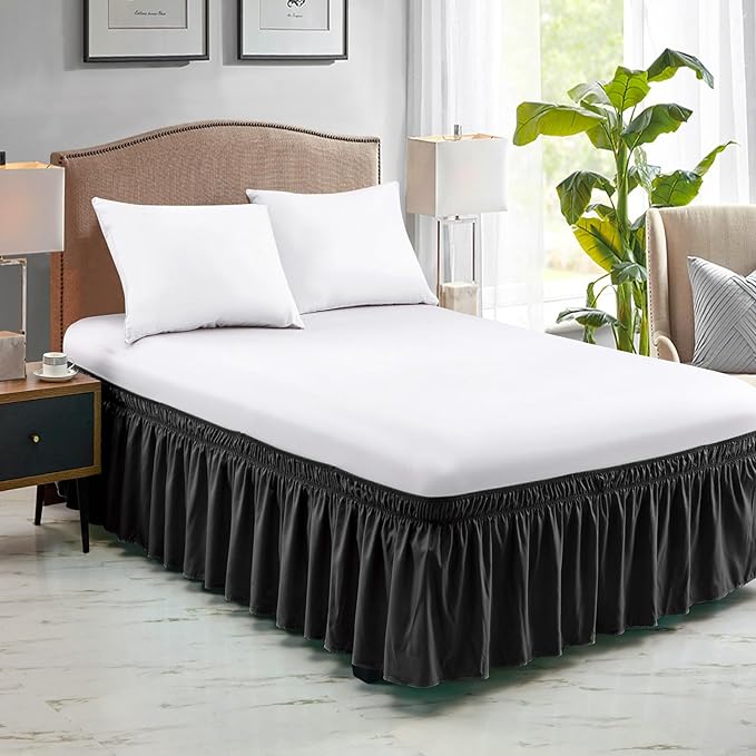 FreshCulture Full Bed Skirt, Elastic Wrap Around Bed Skirt Full Bed, Easy Fit with 18-Inch Tailored Drop, Hotel Quality Dust Ruffle for Full Size Bed, Bed Skirt Full Size (Black)