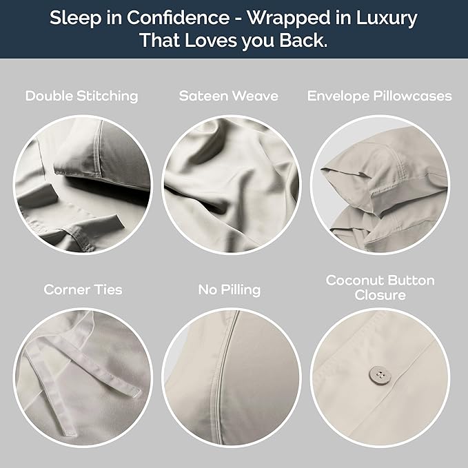 Olive + Crate Tencel Eucalyptus Cooling Duvet Cover Set - Hypoallergenic, Lyocell Tencel Duvet Cover - Soft, Temperature Regulating with Hidden Button Closure & Corner Ties - Queen Size [Oatmeal]