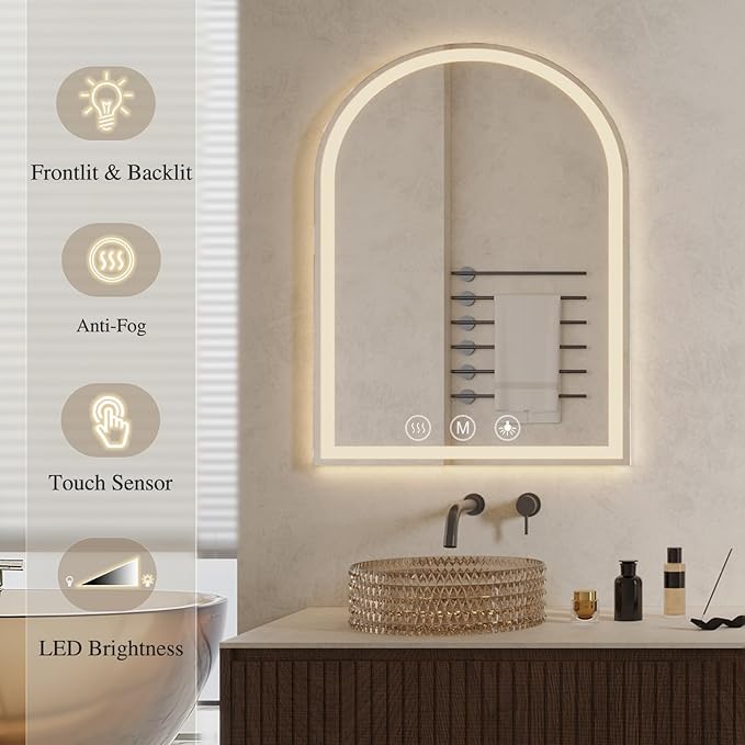 LED Bathroom Mirrors with Lights 30"x40" Arched Mirror for Wall,Led Vanity Mirror, Anti-Fog,LED Mirrors with Front Light and Backlit, Anti-Fog, Dimmable, 3 Color, Shatterproof, Touch Sensor