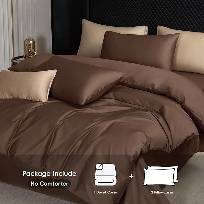 MooMee Duvet Cover Set 100% Extra Long Staple Cotton 600 Thread Count Silky Sateen Smooth Luxury Soft Breathable Durable Hotel Quality Bedding, 3 Pieces (Chocolate Brown, Queen 90"x90")