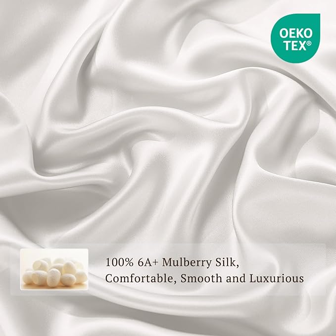 THXSILK 100% Pure Mulberry Silk Duvet Cover Set 3 Piece, 6A+ Grade Luxury Soft Bedding Silk Sheets for Hair and Skin, 1 Pcs Duvet/Quilt/Comforter Cover with 2 Zippered Pillowcases (Cream White, King)