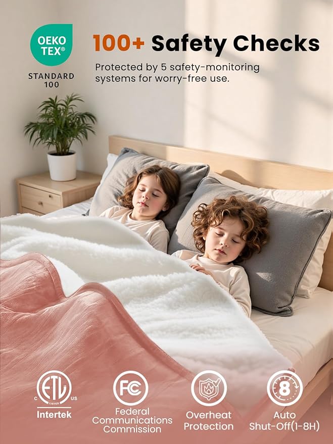 Electric Heated Blanket Throw, Ultra‑Cozy Premium Flannel & Sherpa, Even Heat Distribution & Stable Temp, 1–8H Auto‑Off, 8 Temps (86–125.6°F), Overheat Protection, Ideal Gifts for Grandma