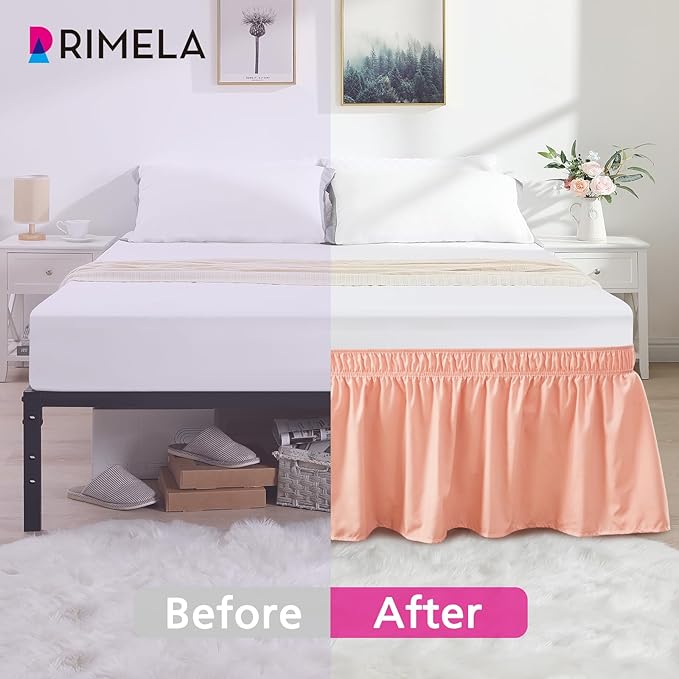 RIMELA Peachy Coral Bed Skirt Queen Size 18 Inch Drop, Wrap Around Elastic Bedskirt, Dust Ruffle for Adjustable Bed Base Machine Washable Easy to Install Bed Skirts