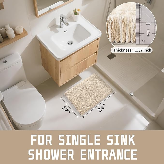 Yimobra Bathroom Rugs Non Slip Washable, Ultra Soft and Water Absorbent Bath Mats, Plush Fluffy Shower Mat Outside, Microfiber Thick Matts for Bathroom Floor/Sink, 24x17, Light Beige and White