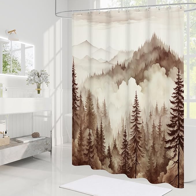 Brown Extra Long Misty Pine Forest Shower Curtain 72 x 84, XL Tan Mountain Foggy Woodland Scenery Tree Shower Curtains for Bathroom, Abstract Waterproof Nature-Themed Decor
