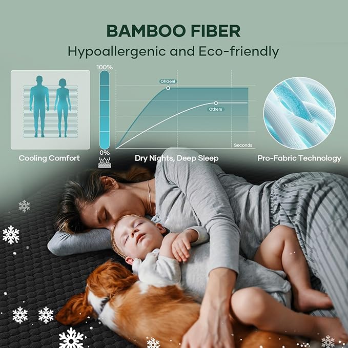 OhGeni 100% Waterproof Mattress Protector, Queen-Black Size Mattress Pad, Fits 6"-20" Mattresses with Deep Pocket, Cooling, Breathable Fitted Sheets, Soft Bed Cover, Noiseless, Machine Washable