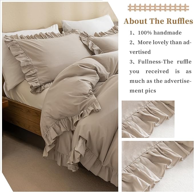 QSH Washed Cotton Queen Duvet Cover Set Ruffle Duvet Cover Linen Textured Farmhouse Shabby Vintage Chic Bedding Comforter Cover 3 PCs Aesthetic French Country Queen Bed Set