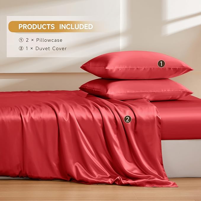 THXSILK 100% Pure Mulberry Silk Duvet Cover Set 3 Piece, 6A+ Grade Luxury Soft Bedding Silk Sheets for Hair and Skin, 1 Pcs Duvet/Quilt/Comforter Cover with 2 Zippered Pillowcases (Red, Queen)