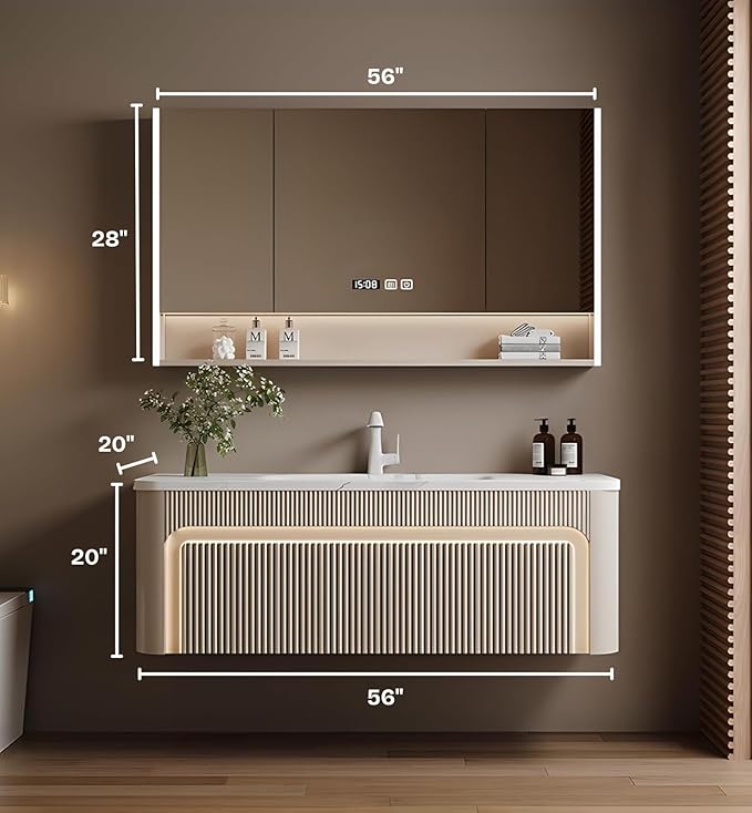 56” Bathroom Vanity Set, Floating Bathroom Vanities with Single Sink, Smart Defog Mirror Cabinet and LED Strip Light, Oak Wood Elegant Bathroom Cabinet with Storage Space (Milk Coffee)