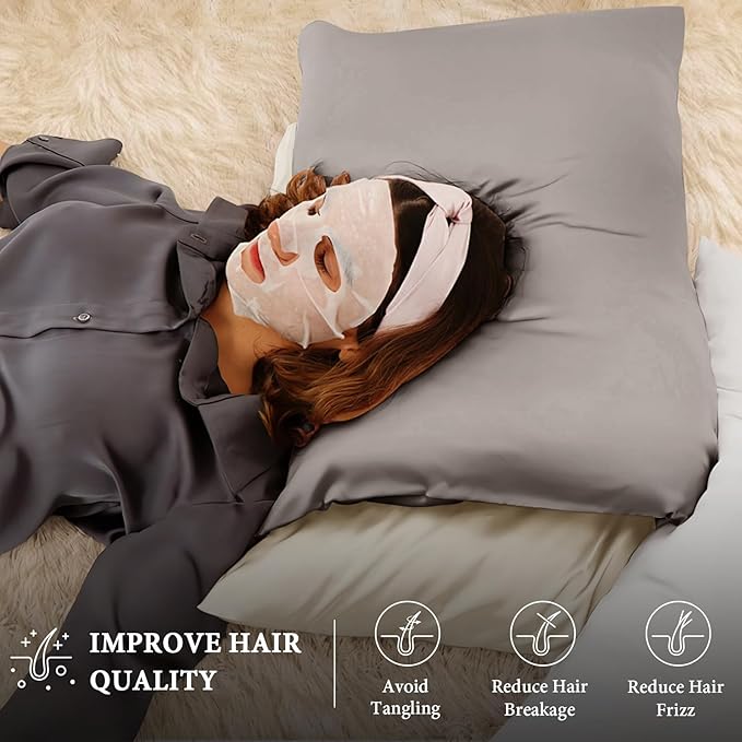 BHZ Satin Goose Down Feather Pillows Standard Size with Satin Pillowcase for Hair and Skin, Cooling Pillow Cases Similar to Silk Pillow Cases, Decorative for Women, Mom Men, Grey