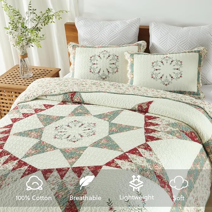 Cotton Bedspread Quilt Bedding Sets, 3 Pieces Reversible Coverlets Comforters Star with Green Floral Real Patchwork Bedspread, King Size