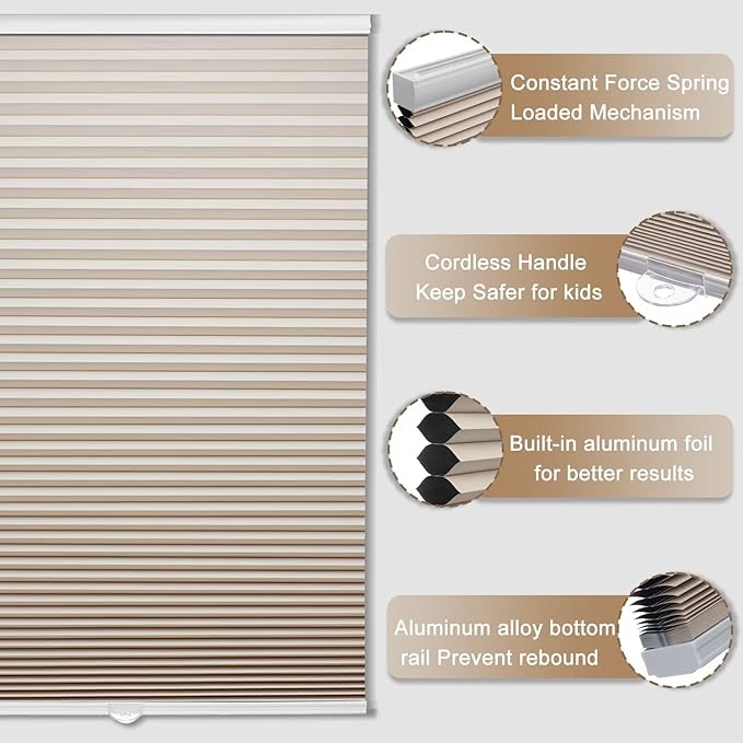 MYshade 1.5-Inch Cellular Cordless Blackout Shades,Thermal Insulating Noise Reducing Waterproof Blinds,Honeycomb Window Treatments for Indoor Light Control (Beige-32 W x 72" H)